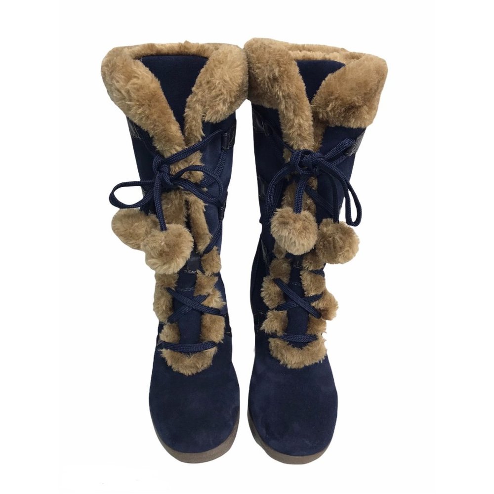 Sporto Waterproof Suede Fur Trim Tall Boots 6.5 Pom Pom Lace Up - Picture 2 of 12